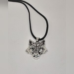 Necklace Silver Tone Wolf Black Lace Unisex Men Women Goth Punk
